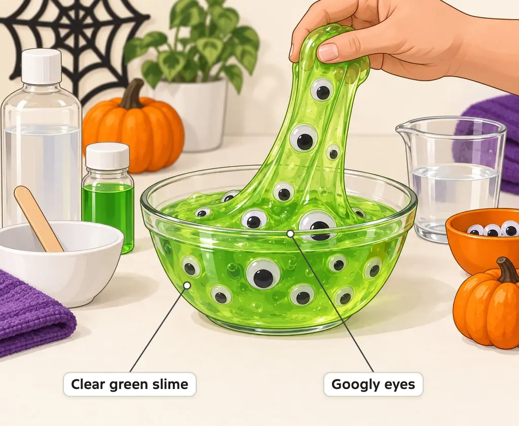 Illustration of clear green slime full of googly eyes being stretched out of a bowl