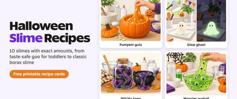 Halloween Slime Recipes title next to illustrations of pumpkin guts, glow ghost, witch's brew and monster eyeball slime