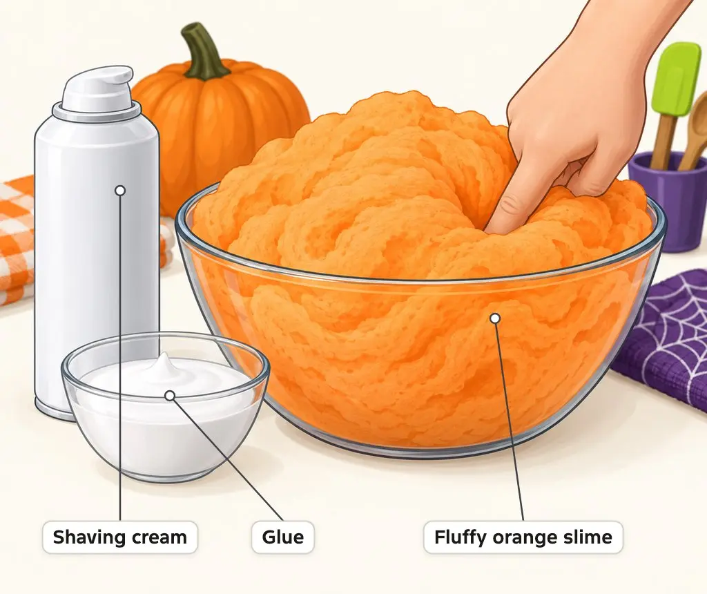 Illustration of a bowl of puffy orange fluffy slime next to a can of shaving cream and a bowl of glue
