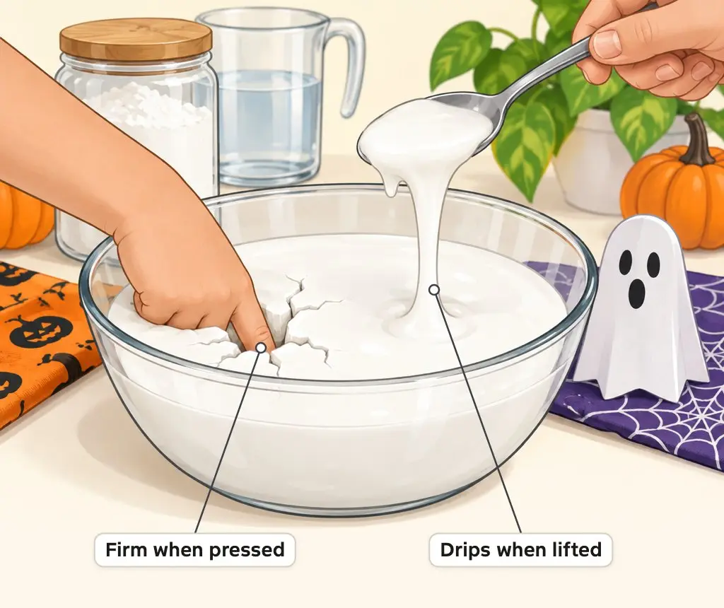 Illustration of white cornstarch oobleck staying firm under a pressing finger and dripping off a spoon