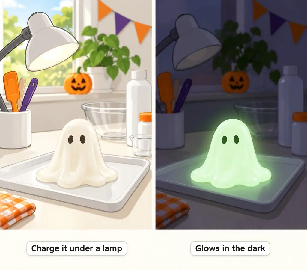 Illustration of a pale ghost-shaped slime under a lamp in daylight and the same slime glowing in a dark room