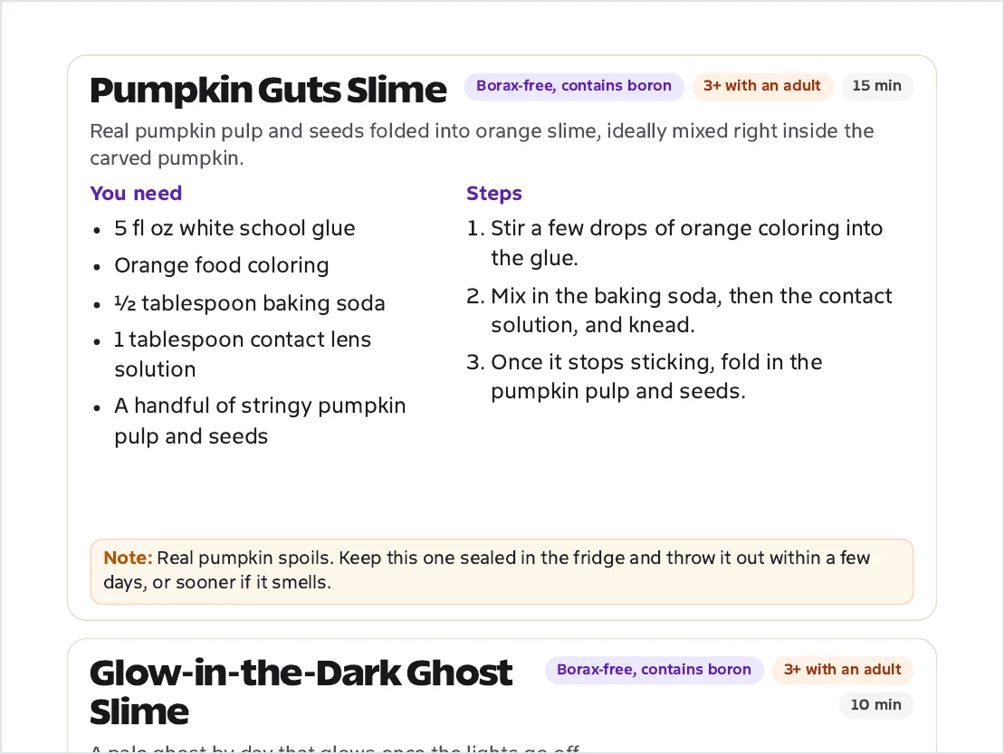 Printable Halloween slime recipe card for pumpkin guts slime with ingredients, steps and a safety note