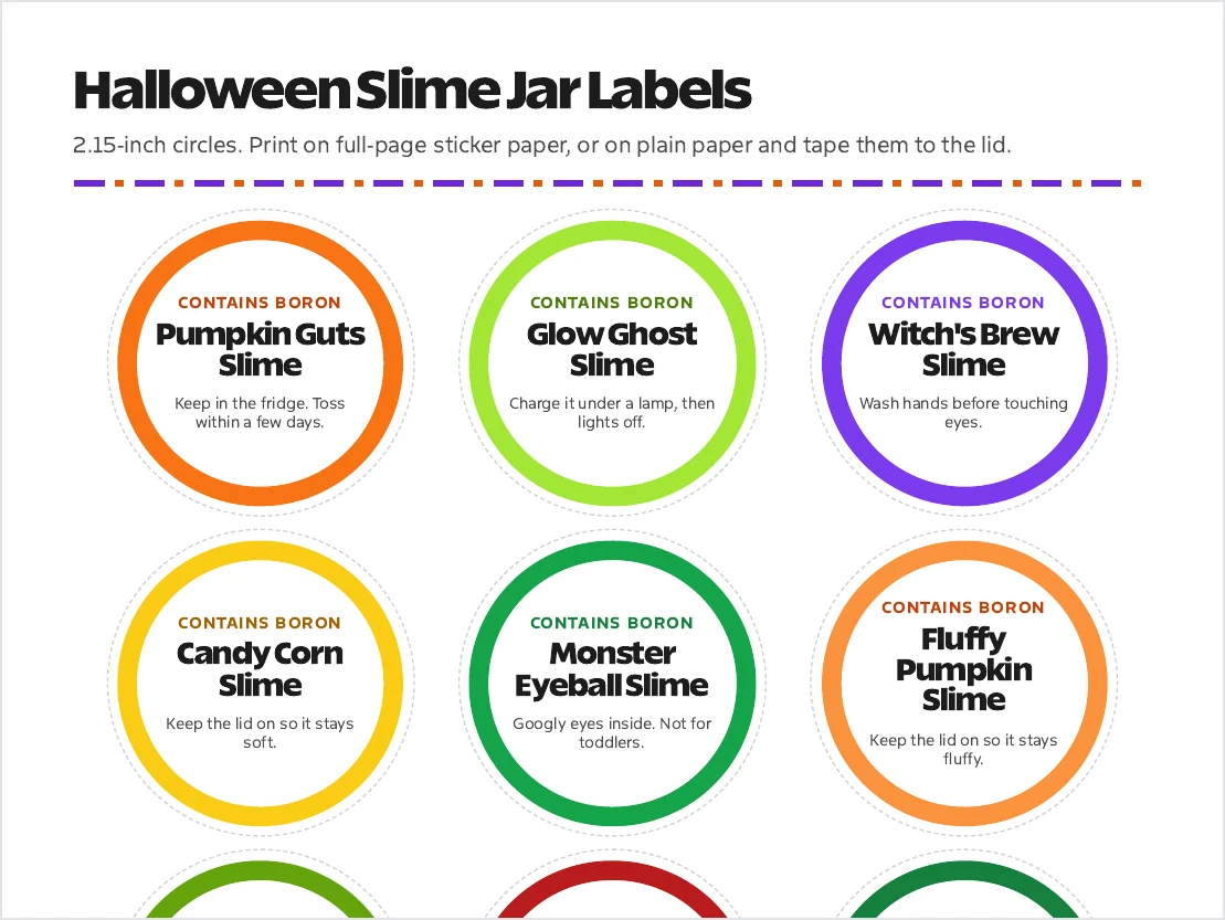Printable round Halloween slime jar labels in orange, green and purple for each slime recipe