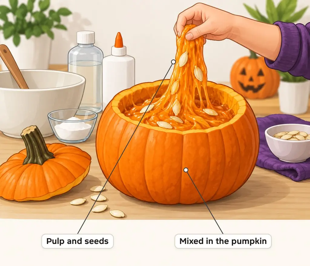 Illustration of orange slime with pumpkin pulp and seeds being stretched out of a hollowed pumpkin