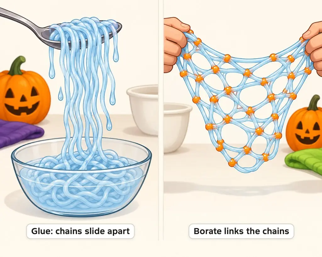 Illustration of loose glue strands dripping like a liquid next to the same strands linked by small beads into a stretchy net of slime