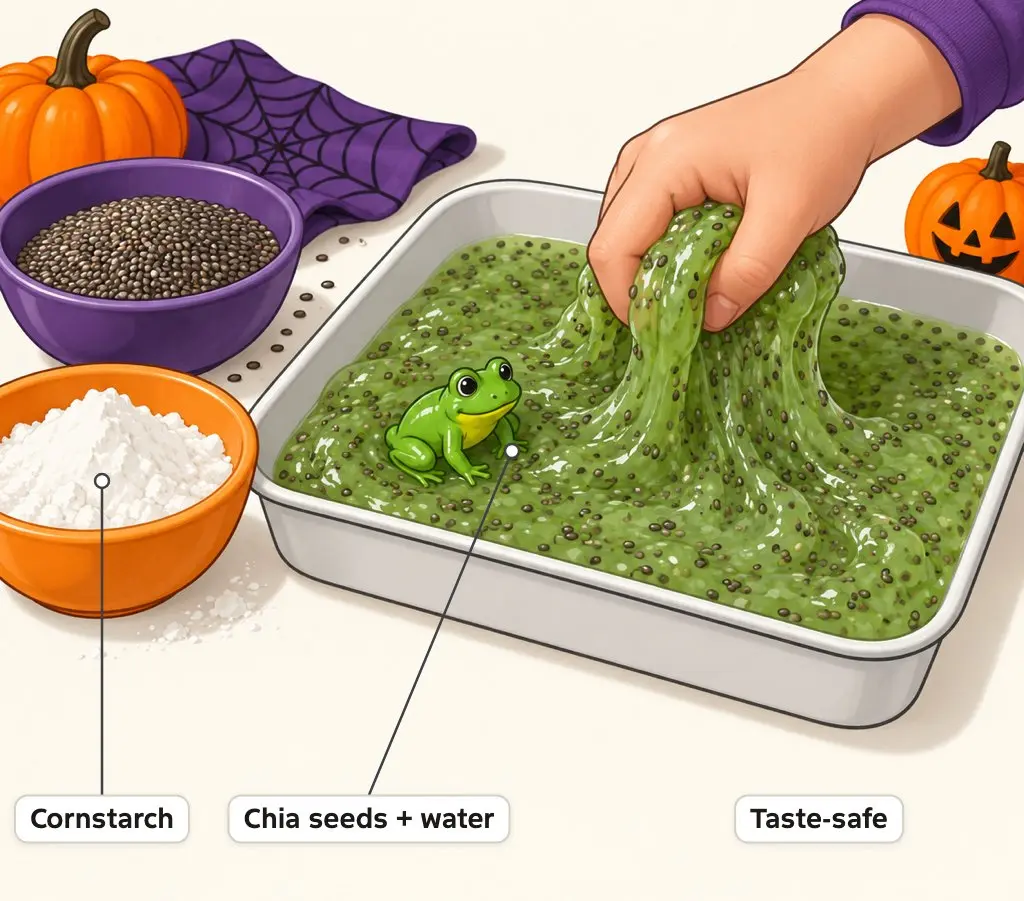 Illustration of green chia seed slime in a tray with a toy frog and a child squishing it