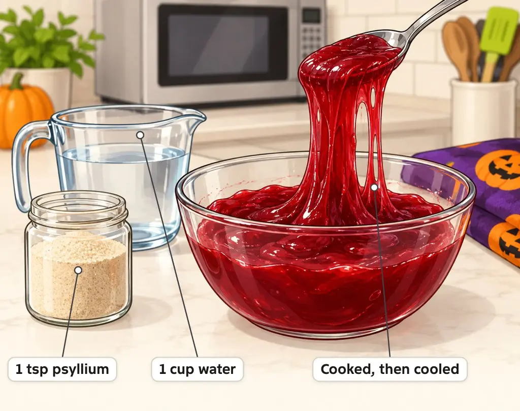 Illustration of dark red psyllium slime stretching from a spoon beside a cup of water and a jar of psyllium powder