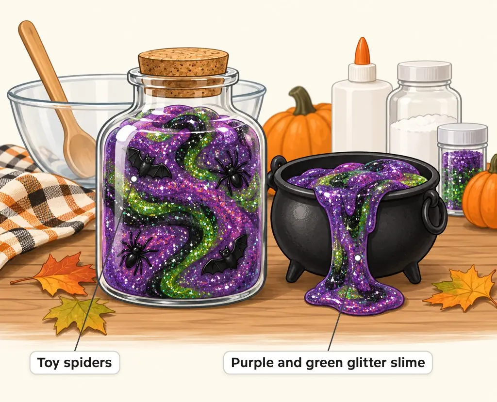 Illustration of purple glitter slime with green swirls and toy spiders in a potion jar next to a small cauldron