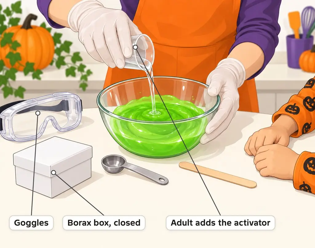 Illustration of an adult in gloves pouring borax activator into green glue while goggles sit on the table and a child waits