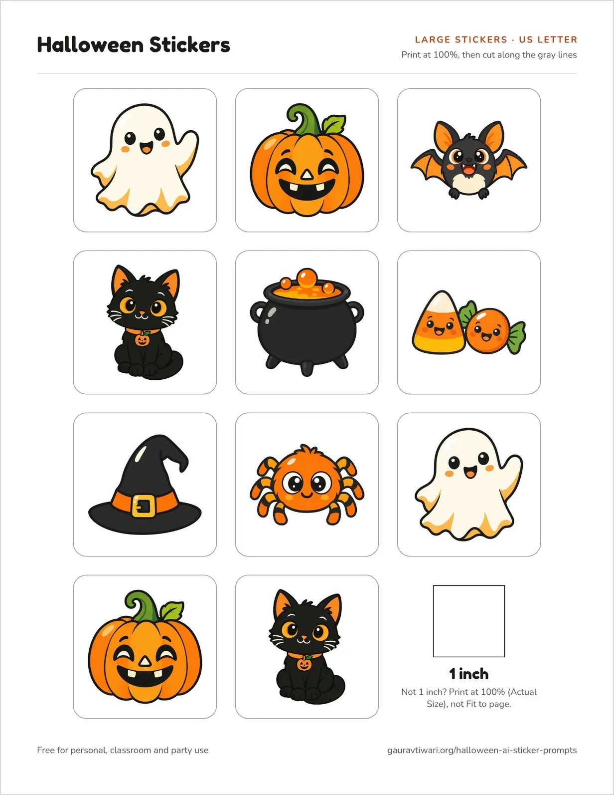 US Letter Halloween sticker sheet with 11 large stickers, each inside a rounded gray cut line, and a 1 inch scale check square