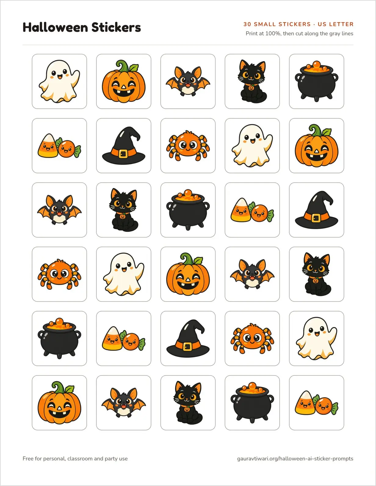 US Letter Halloween sticker sheet with 30 small stickers in 6 rows of 5, each inside a rounded gray cut line