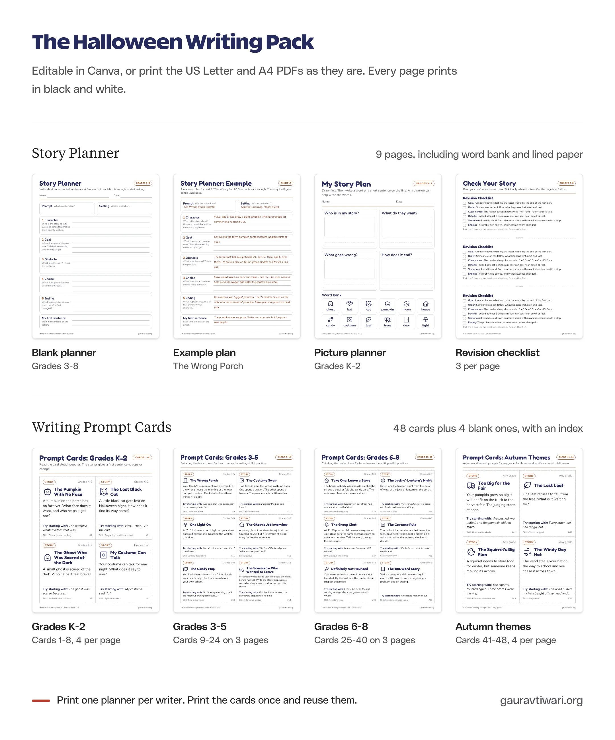Pages from the Halloween writing pack: a blank story planner, an example plan, a picture planner for grades K-2, a revision checklist and prompt card pages for grades K-2, 3-5, 6-8 and autumn themes