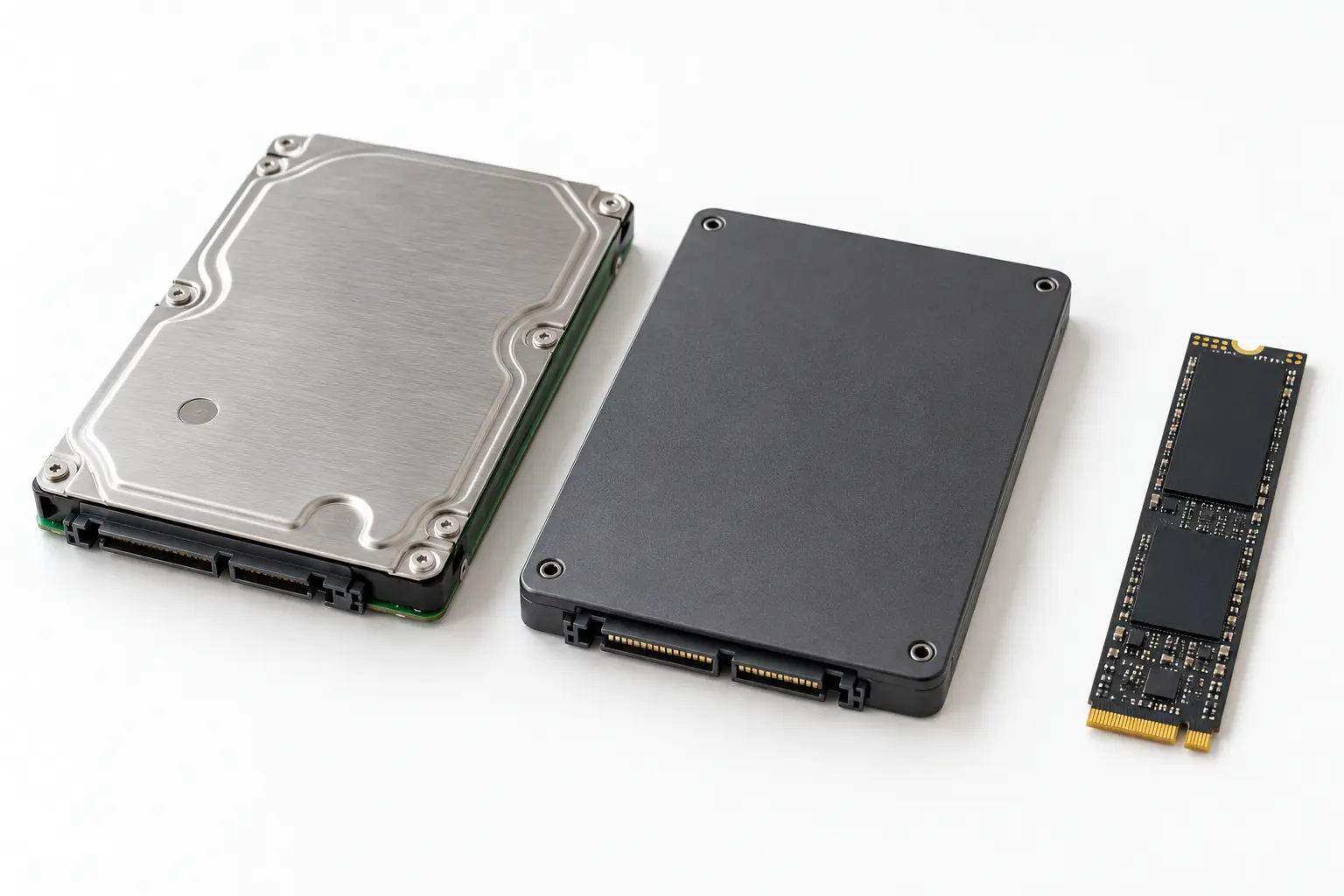 A 2.5-inch laptop hard drive, a 2.5-inch SATA SSD of the same size and a much smaller M.2 SSD stick side by side