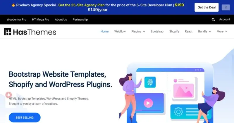 HasThemes homepage with WordPress and Shopify product illustrations