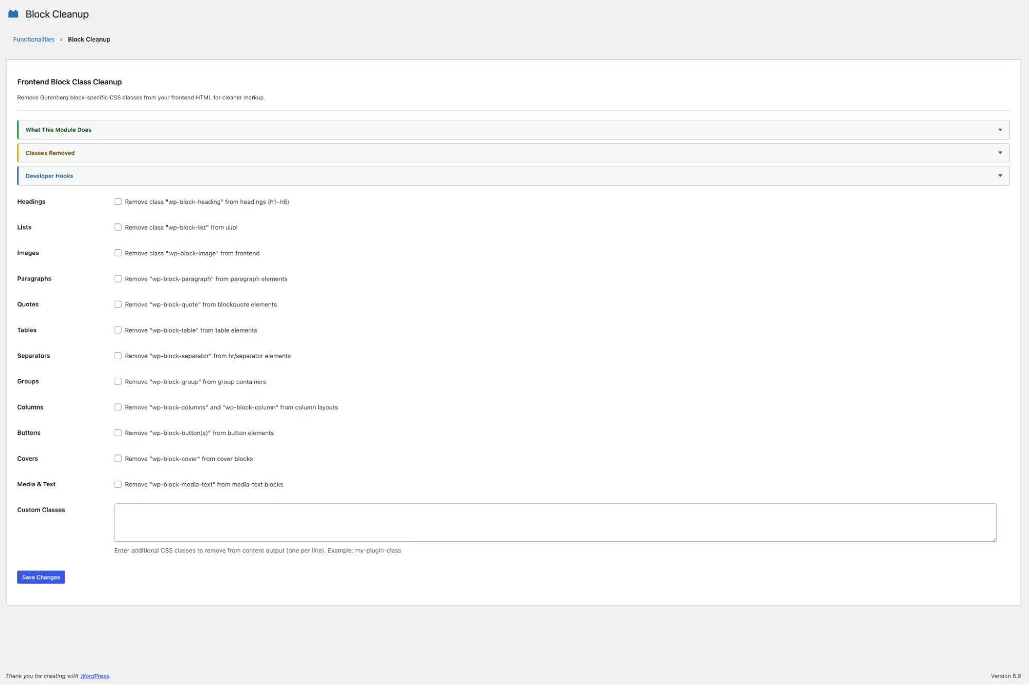 Block Cleanup Settings