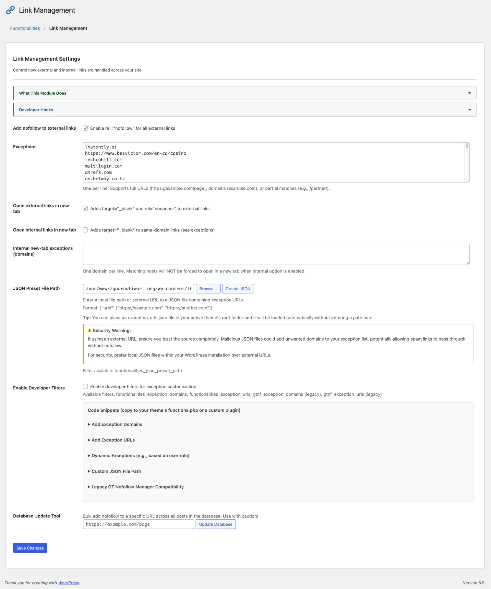 Link Management Settings