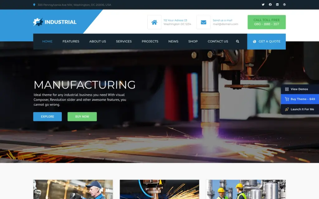 Industrial by Anps Manufacturing demo with a toll-free number and a Get a Quote button in the header above a plasma cutter photo