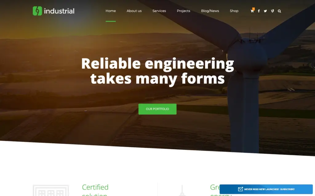 Industrial by BoldThemes Green Manufacture demo with a wind turbine photo and the headline Reliable engineering takes many forms