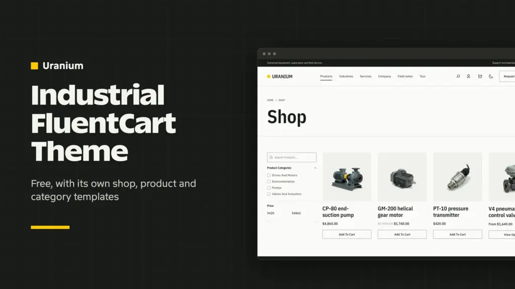 Uranium industrial FluentCart theme cover with the FluentCart shop screenshot