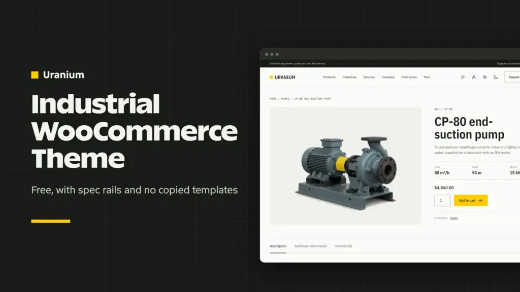 Uranium industrial WooCommerce theme cover with a product page showing the spec rail