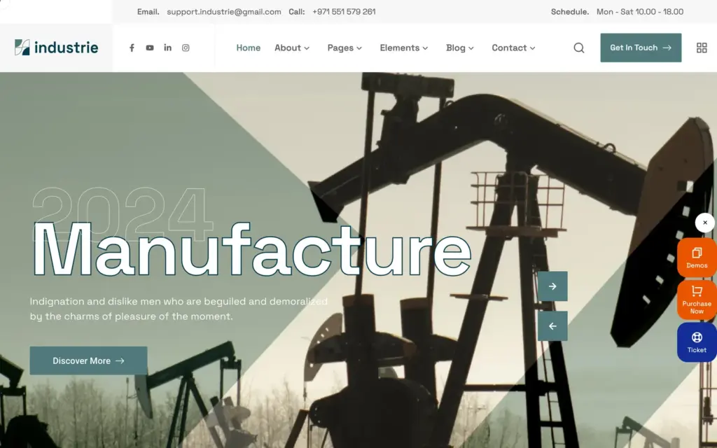 Industrie's Manufacturing demo with a large Manufacture headline over oil pump jacks and a Get In Touch button