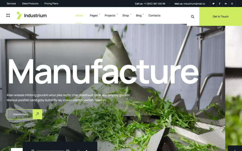 Industrium's Manufacturing demo with a large Manufacture headline over a food processing line and a Get In Touch button