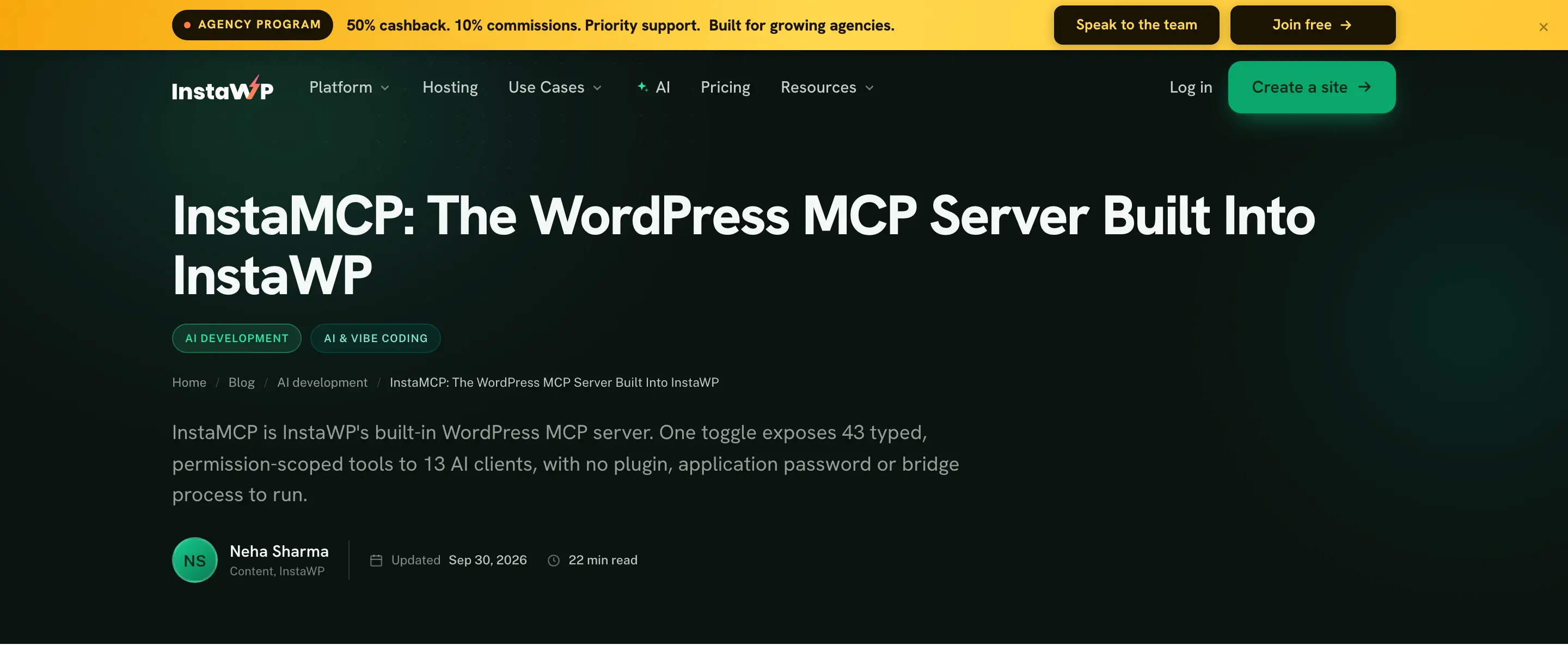 InstaWP introduction to InstaMCP, the WordPress MCP server built into its hosting platform.