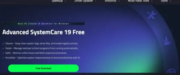 IObit homepage featuring Advanced SystemCare for Windows