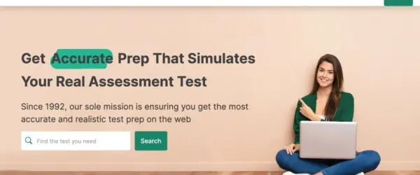 JobTestPrep homepage with a student taking a practice test on a laptop