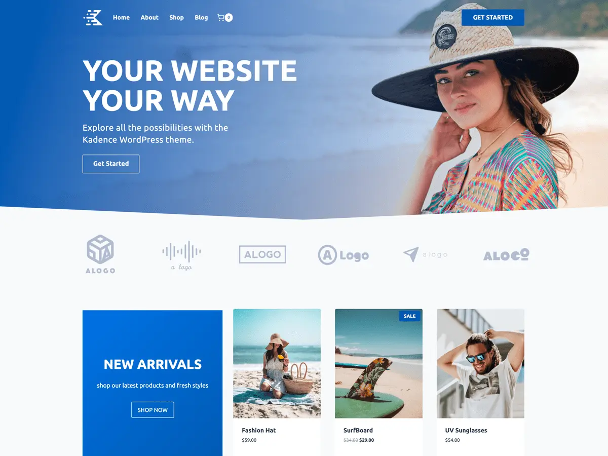 Kadence official preview with a blue beach-themed header and a sample product grid