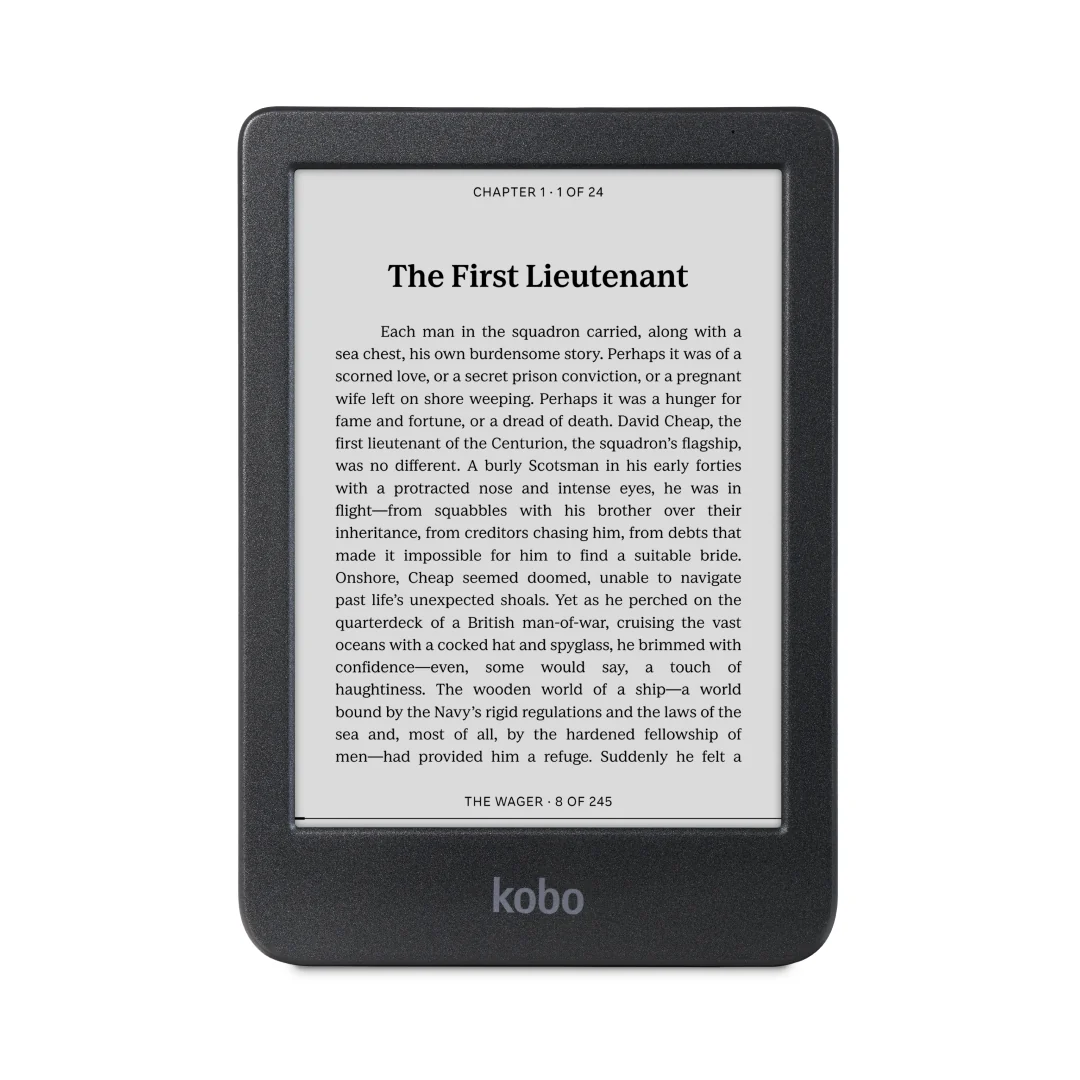 Kobo Clara BW 6-inch black-and-white e-reader showing a page of a novel