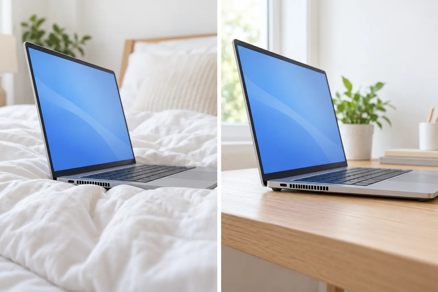 The same laptop sinking into a soft duvet that presses against its side vents, and sitting on a firm wooden desk with its vents clear
