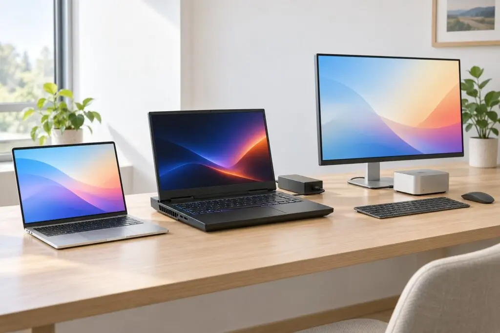 A thin 13-inch laptop, a thicker 16-inch gaming laptop with a power brick and a small mini desktop connected to a 27-inch monitor on one desk