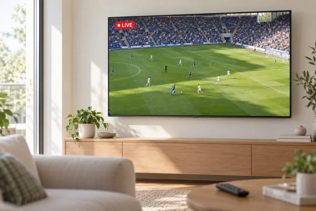 Wall-mounted TV in a bright living room showing a live football match with a red LIVE badge