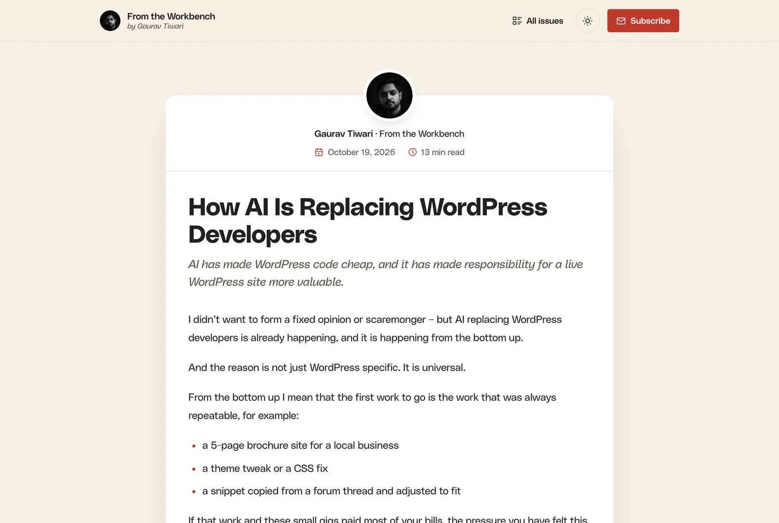 A MailerHive issue page with the newsletter header, sender line, date, reading time and title