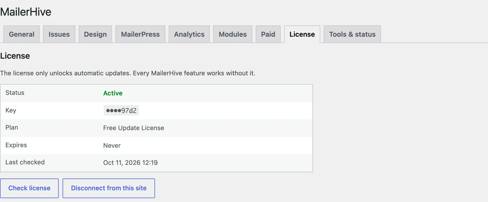 The MailerHive License tab with the license status, masked key, plan, expiry and last check