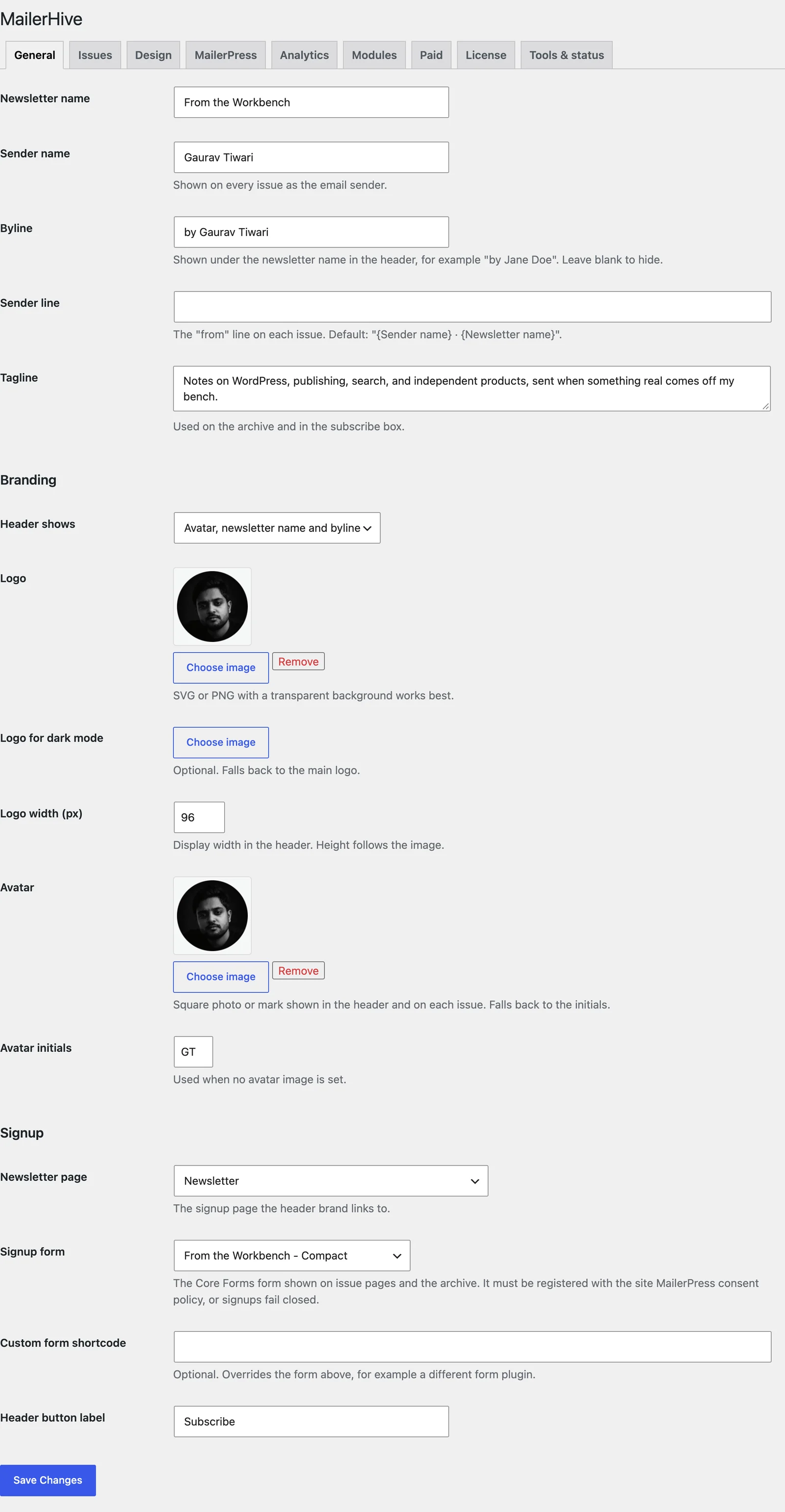 The General tab with the newsletter name, sender, byline, tagline, branding and signup settings