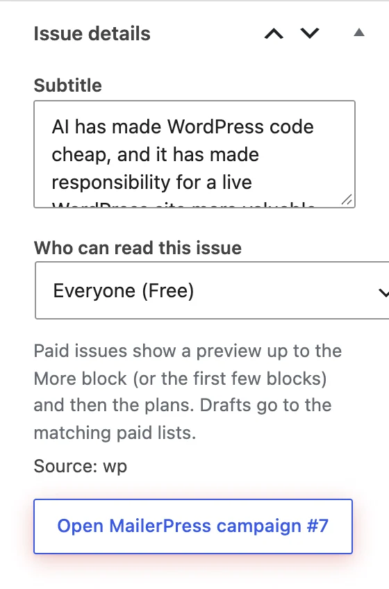 The Issue details box with the subtitle, who can read the issue, the source and a button to open the MailerPress campaign