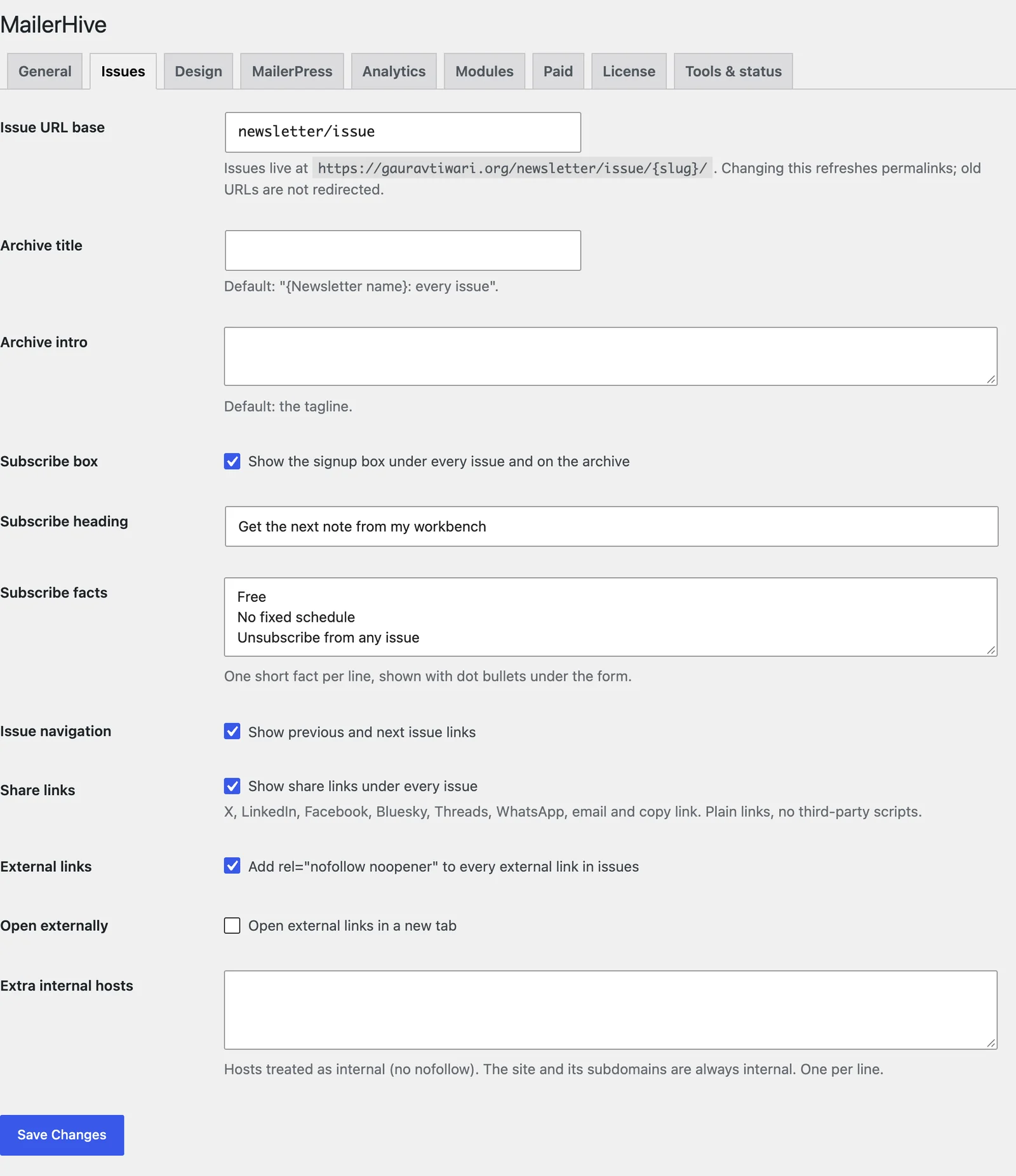 The Issues tab with the URL base, archive, subscribe box, navigation, share link and external link settings