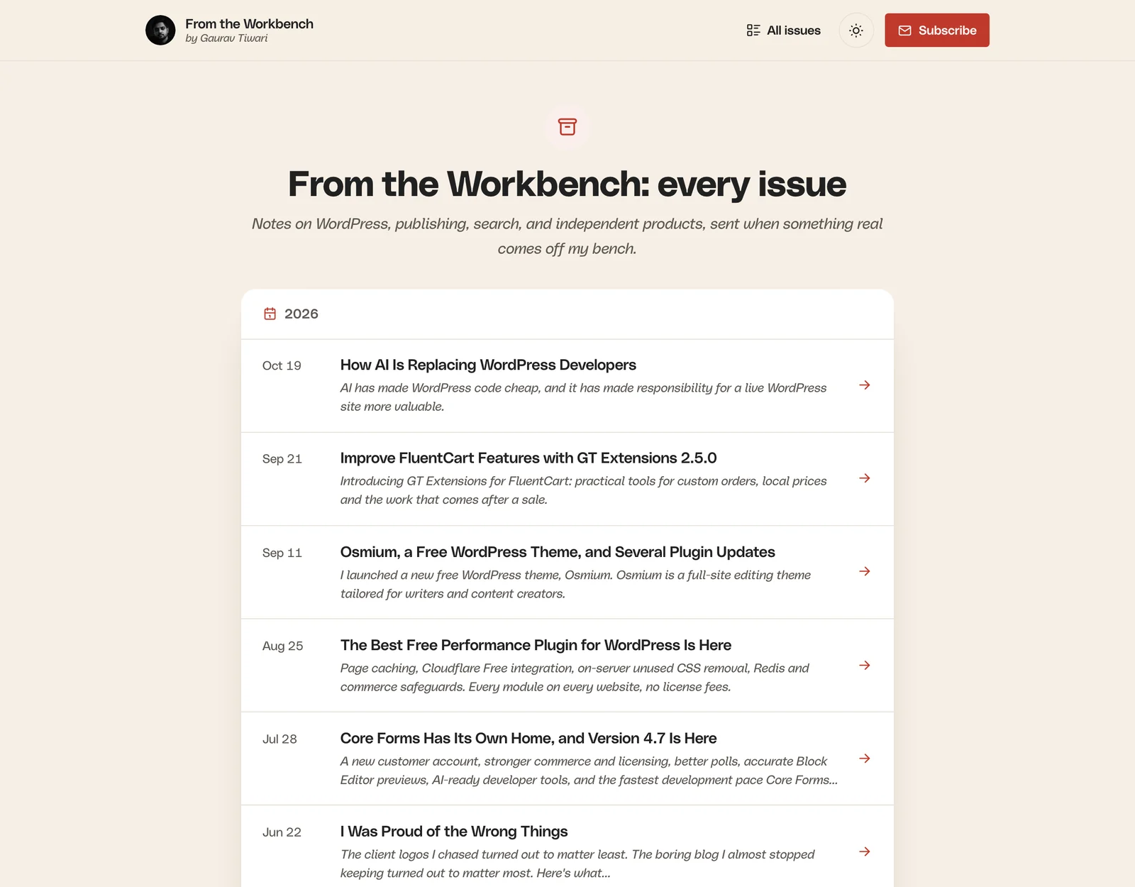 The issue archive with issues grouped by year, each with its date, title and subtitle