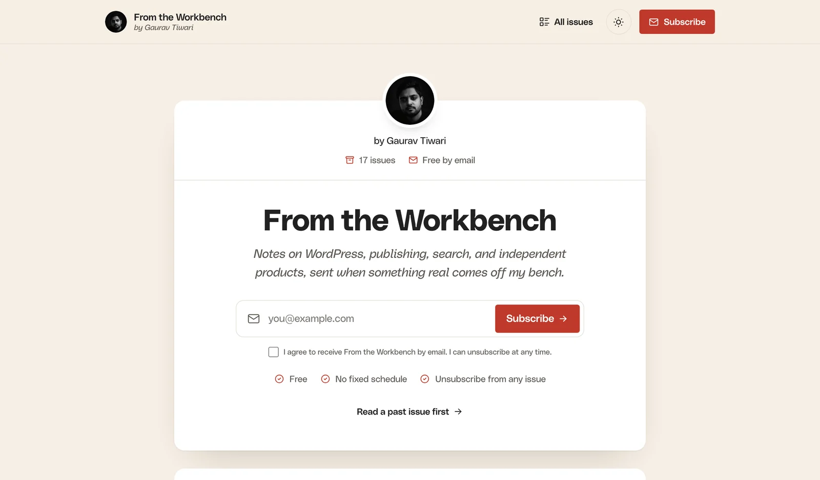 The newsletter page signup card with the avatar, newsletter name, tagline, email form and subscribe facts
