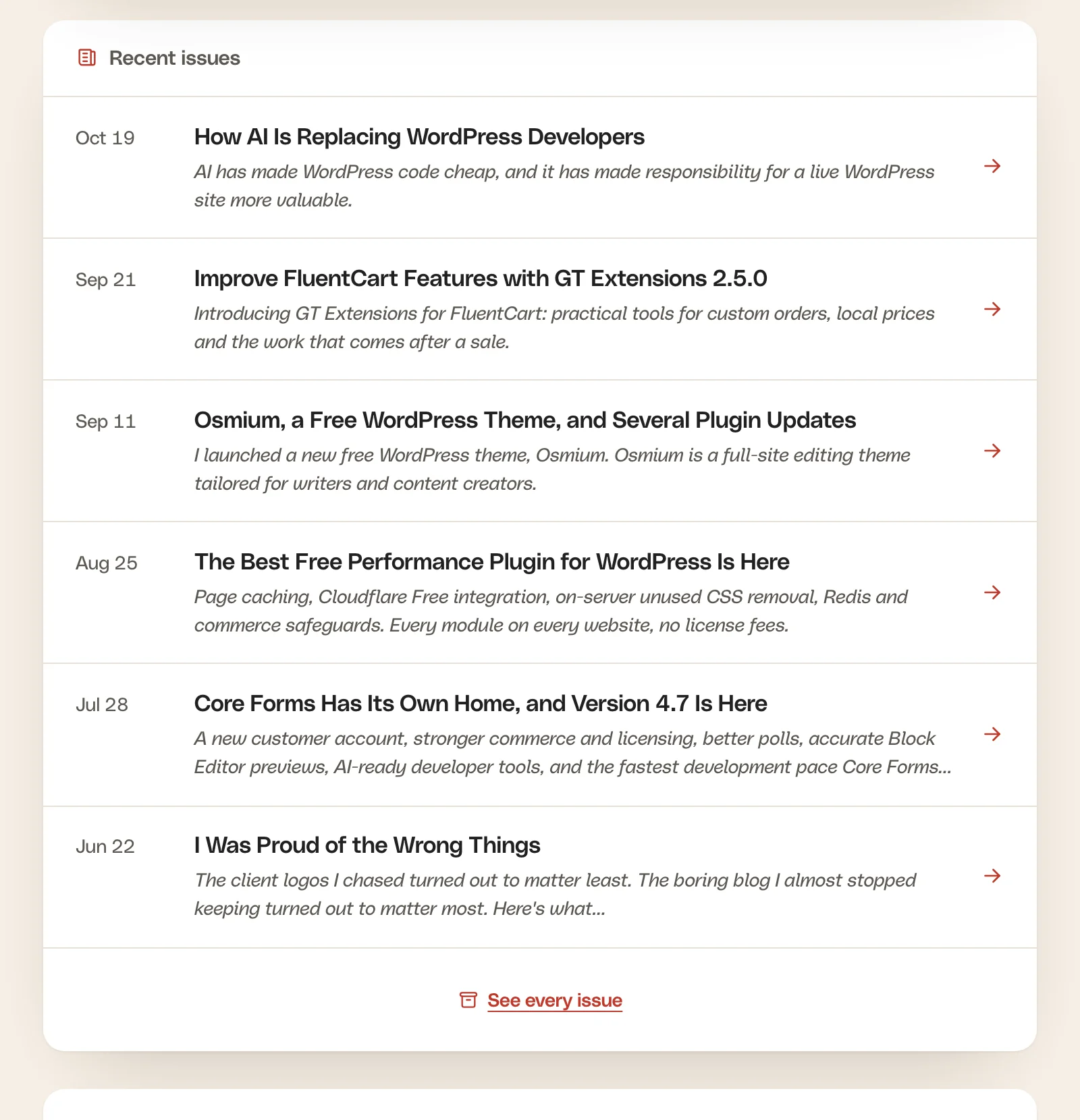 The recent issues list on the newsletter page