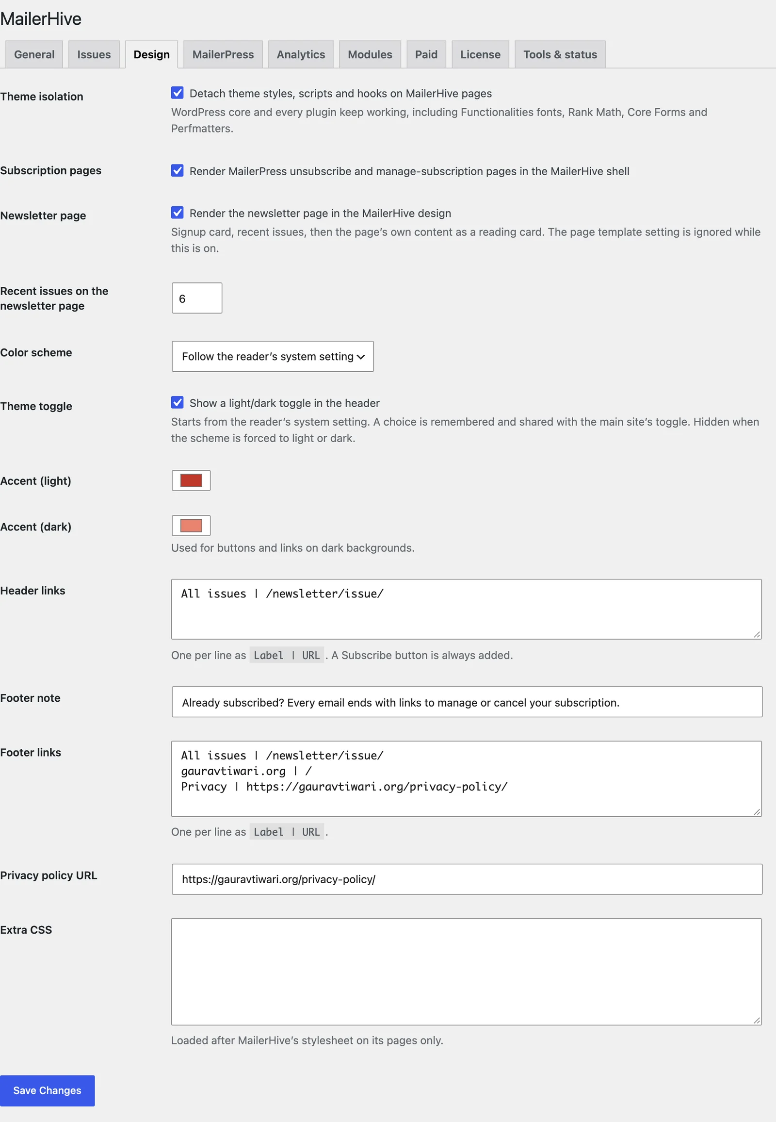 The Design tab with theme isolation, subscription pages, newsletter page, color scheme, accent colors, links and extra CSS