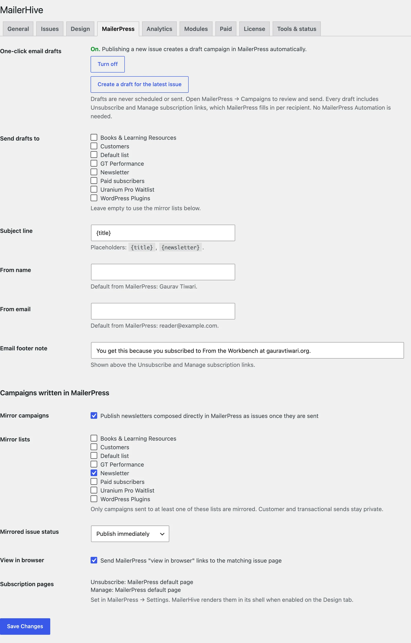 The MailerPress tab with automatic drafts, draft lists, subject line, sender, footer and mirroring settings