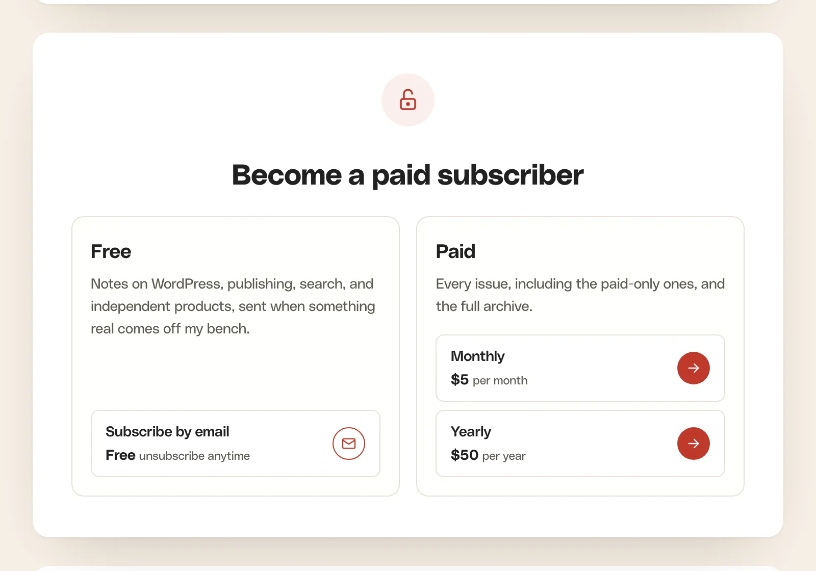 The plans on the newsletter page: a Free card and a Paid card with monthly and yearly prices