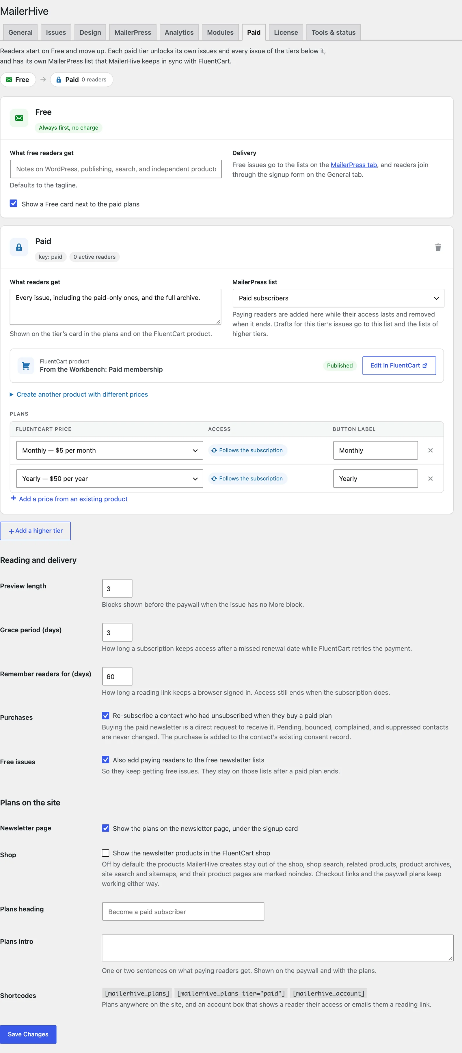 The Paid tab with the Free tier, a Paid tier with its MailerPress list, FluentCart product and plans, and the reading and delivery settings