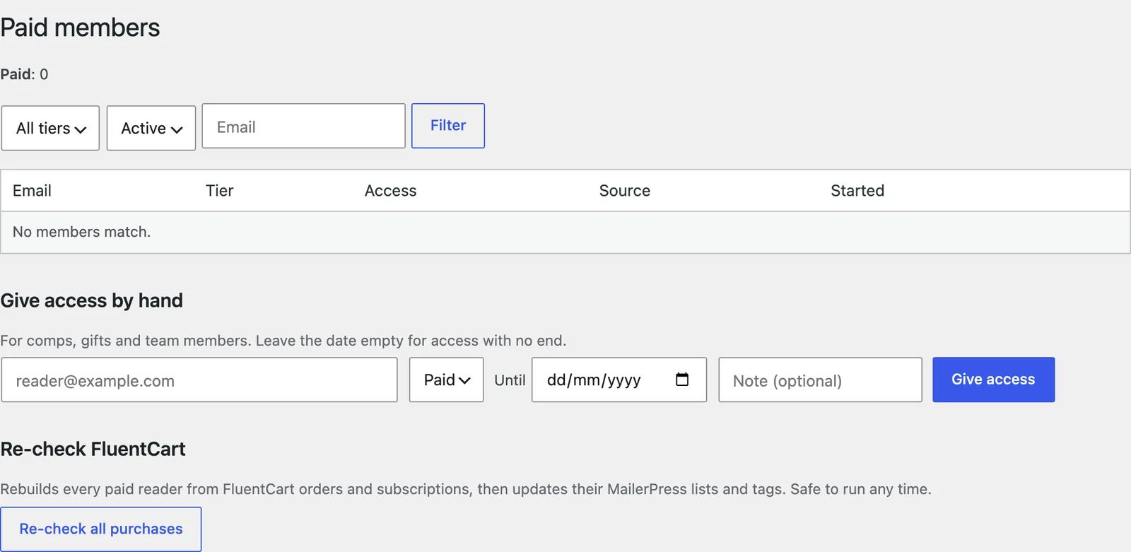 The Paid members screen with filters, the members table, the Give access by hand form and the Re-check FluentCart button