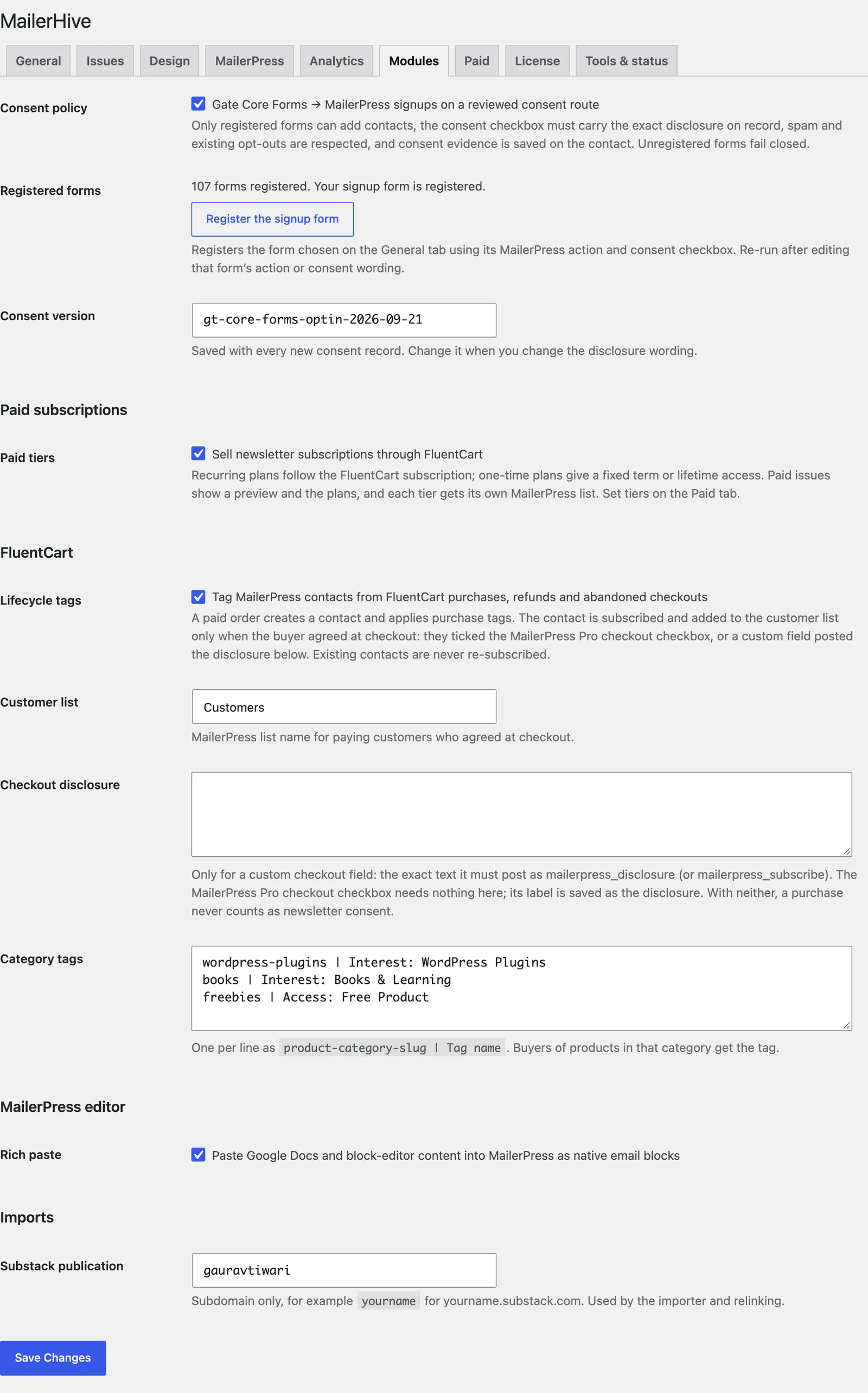 The Modules tab with the consent policy, paid subscriptions, FluentCart lifecycle tags, rich paste and Substack settings