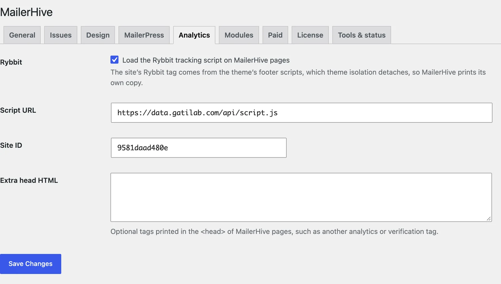 The Analytics tab with the Rybbit switch, script URL, site ID and extra head HTML