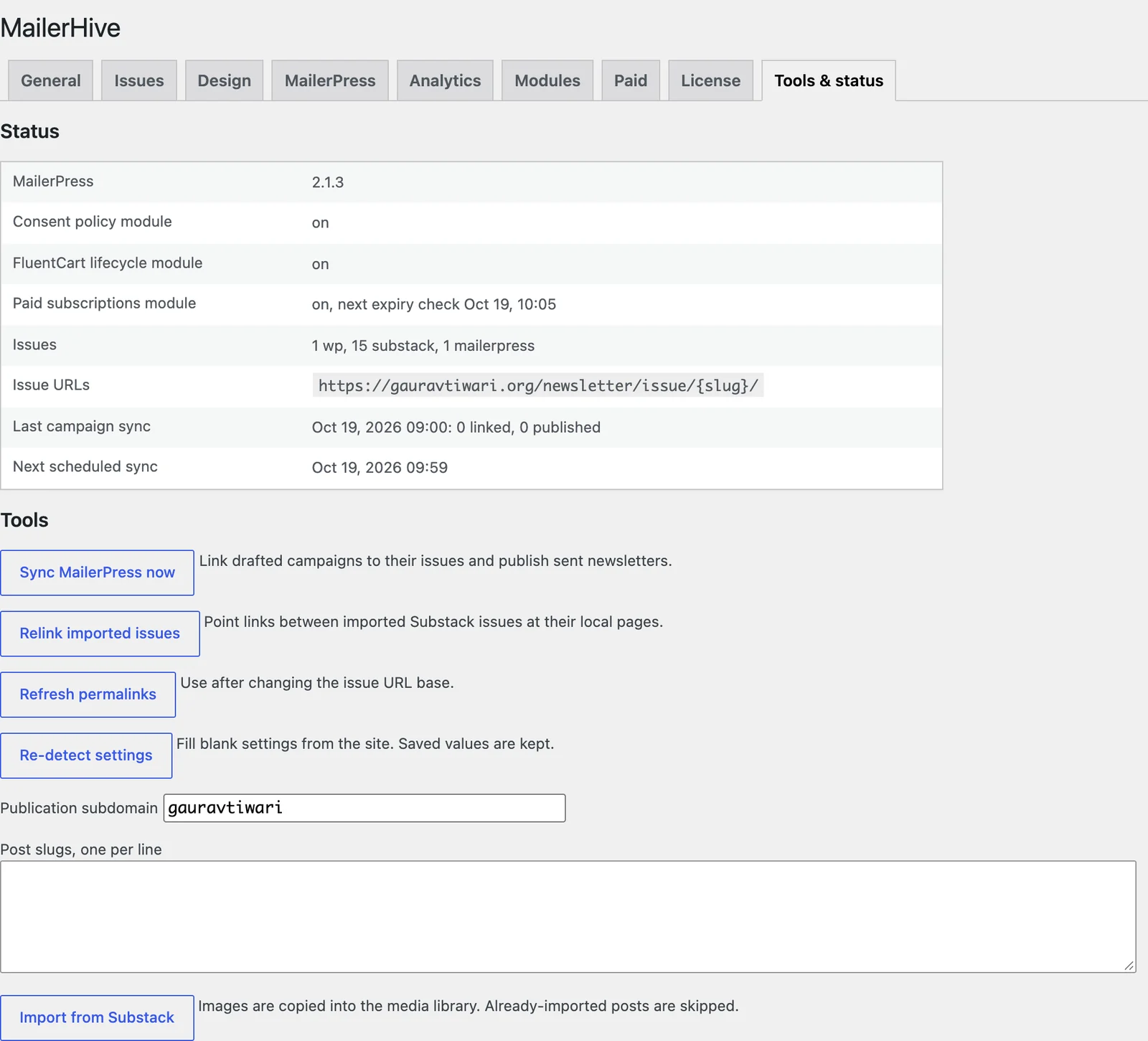 The Tools & status tab with the status table and the sync, relink, permalink, settings and Substack import tools
